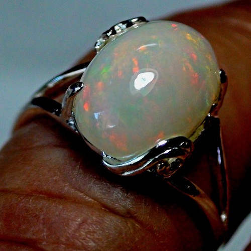 NATURAL! 3.35 ct WHITE VERY FLASH ETHIOPIAN OPAL RING 925 STERLING SILVER.6.75 - Picture 2 of 11