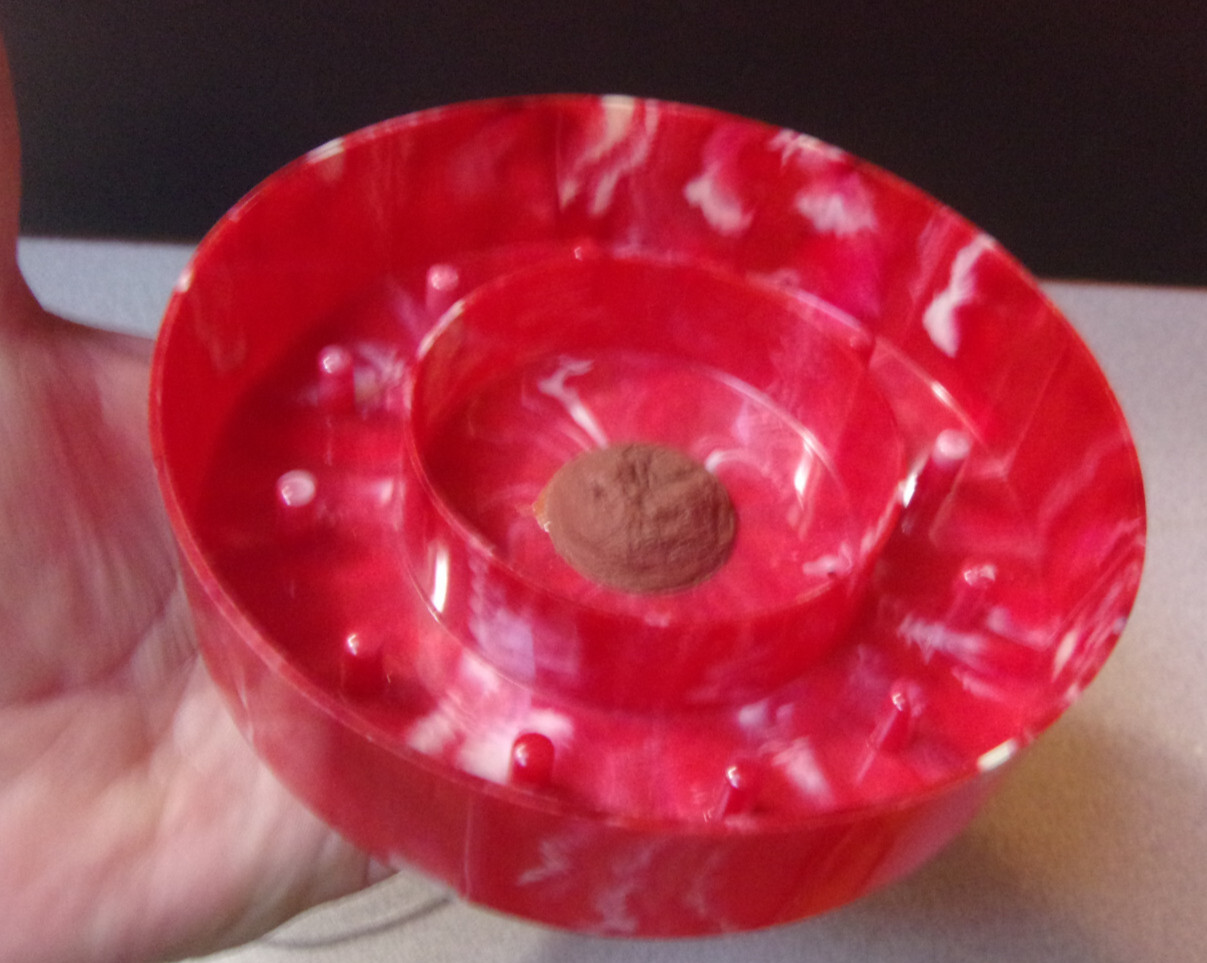 Vintage Round Red Marbled Sewing Thread Needle Storage Holder Container