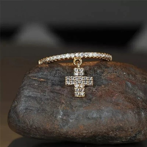 Anello a fascia croce pendente diamante simulato tondo placcato oro giallo 14 kt - Foto 2 di 4