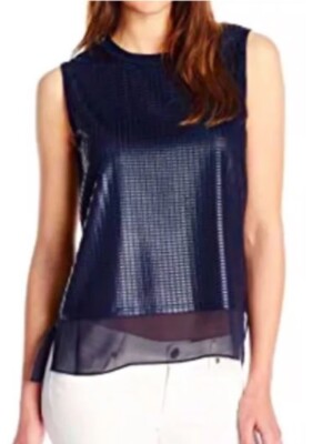 Vince Silk Overlay Textured Mash Tank Top Size Medium Crew Neck Midnight Blue