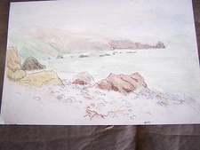 Original Ink & Pencil by Peg Humphreys Fogged in Ocean Cove 11" x 7 1/2"