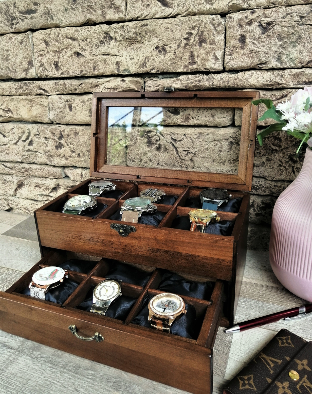 12-Slot Wooden Watch Box with Drawer - Two-Tier Storage for Watches - Perfect Gift Idea-image