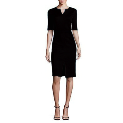 ST. JOHN Caviar Milano Knit Front Slit Split Neck Midi Length Black Sheath  Dress | eBay