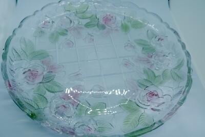 Vintage Colored Roses 14'' Round Glass Platter Tray With Raised Edges MIKASA Exct