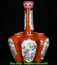 9"Qianlong Pastel porcelain lotus plum blossom chrysanthemum 6 mouth bottle vase
