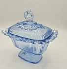 Vintage Indiana Glass Sky Blue Pedestal Lidded Compote Candy Dish Lace Edge