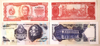 URUGUAY Lot de 2 Billets 50 et 100 Pesos 1967 et 1988 P 47 et 61A NEUF