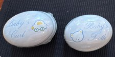 2 White Oval Baby Tooth Curl Keepsake Boxes w/ Blue Writing Unisex