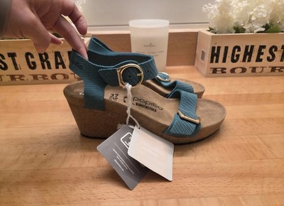 Birkenstock Papillo Sibyl Embossed Leather Wedge Sandals Biscay Bay Size 37 NWT