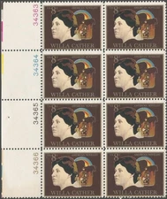 Plate Block of 8 stamps - Scott 1487 - 8 cent - Willa Cather - 1973 - MNH