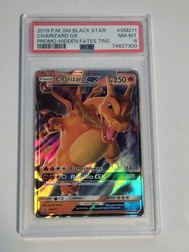 2019 P.M. SM Black Star Charizard GX Promo-Hidden Fates Tins PSA 8