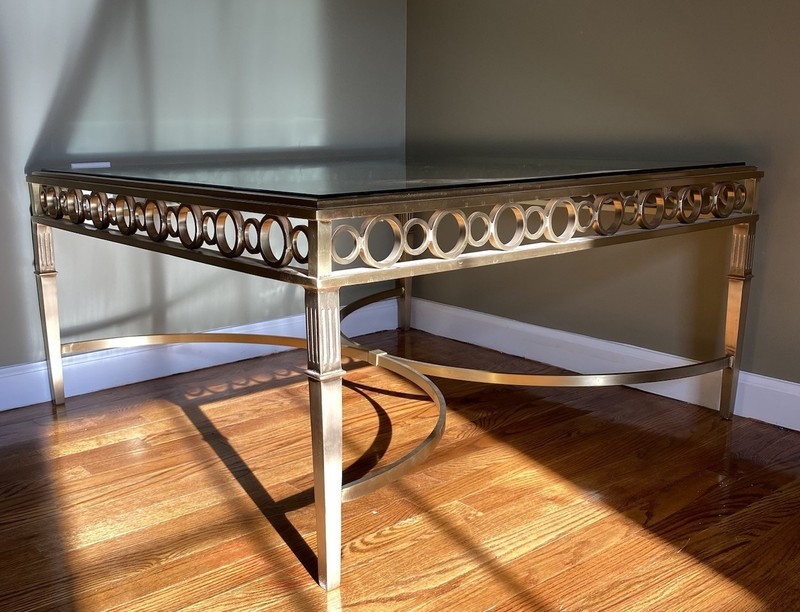 Italian Mid-Century Gilt Bronze Coffee Table with Glass Top and Ring Motifs