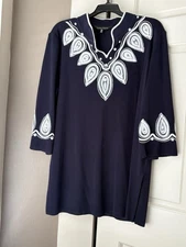 Boho Embellished Ming Wang V-neck Sheath XL Knit Dress Tunic Navy Blue & White