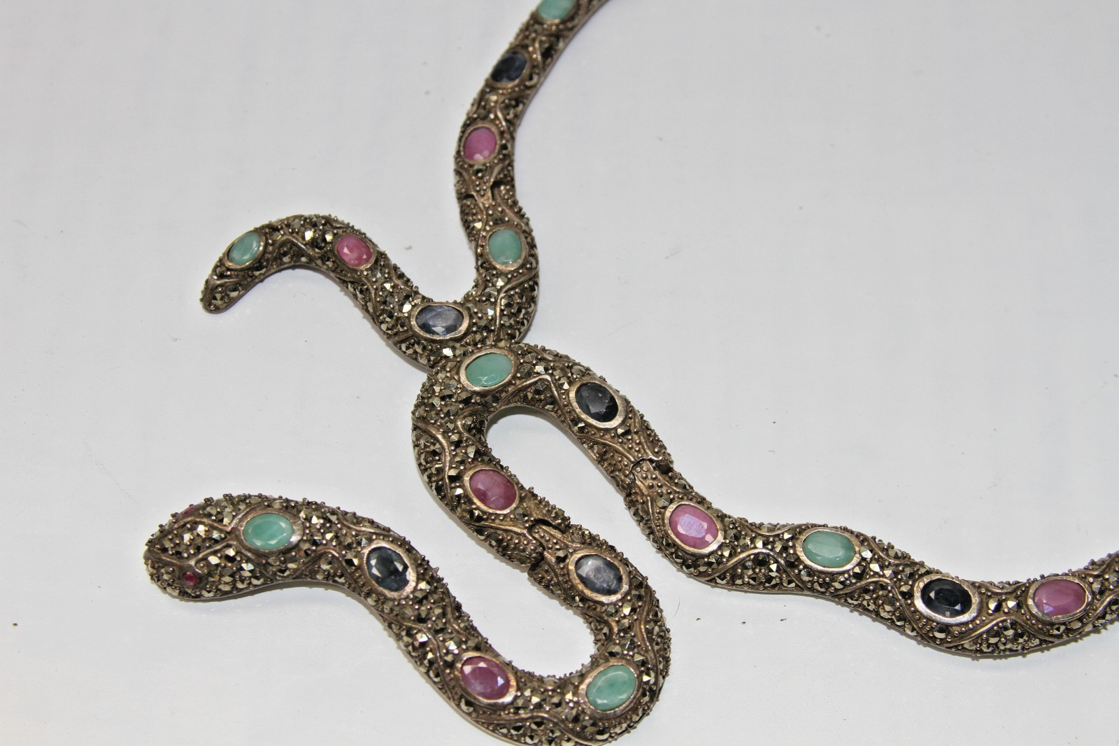 Ruby, Emerald, Sapphire, Marcasite Snake Necklace… - image 9