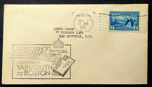 Canada Stamps 1947 First Flight Cover from Yarmouth, NS to Boston, MA