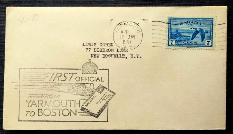 Canada Stamps 1947 First Flight Cover from Yarmouth, NS to Boston, MA
