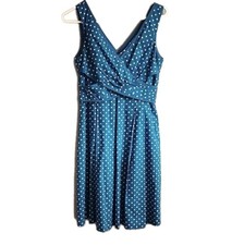 Nine West Surplice Faux Wrap Polka Dot V Neck Dress 2 Turquoise All Cotton 