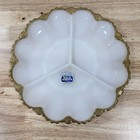 Vintage Anchor Hocking Milk Glass Divided Serving Dish Gold Trim Scalloped Edge