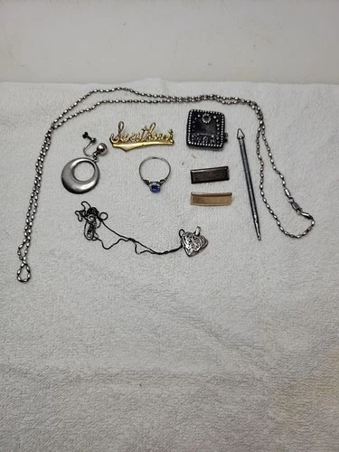 VTG LOT OF STERLING SILVER 925 JEWELRY RING NECKLACE  39.5 GRAMS Pin 1/20kt GOLD