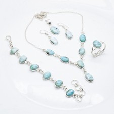 Natural Dominican Republic Larimar Gemstone 925 Silver Handmade Jewelry Set