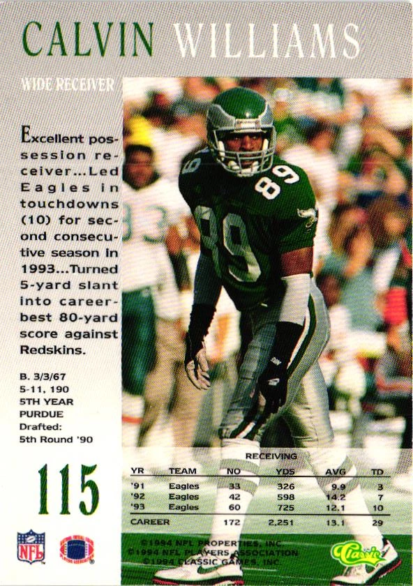 1994 Classic Pro Line Live - Calvin Williams #115 - Eagles - Image 2 of 2