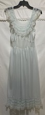 Vintage 1940s 50s Nightgown Small Sheer Pleated Ruffle Hem Blue Nylon Lace