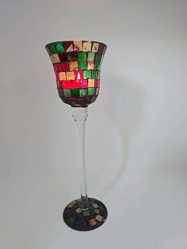 Vintage Footed Mosaic Glass Stained Tile Tee Light Candle Holder - Image 2 of 4