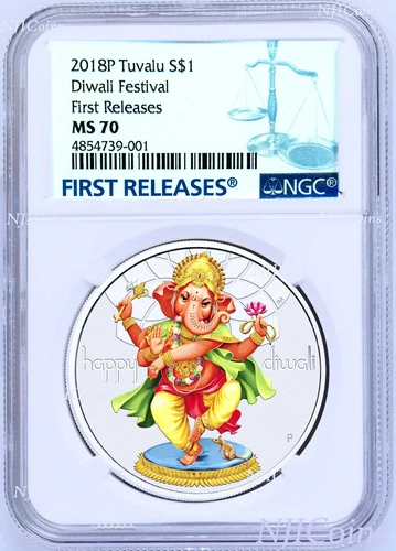 2018 TUVALU Diwali Festival 1oz Silver $1 Coin NGC MS70 FIRST Releases 
