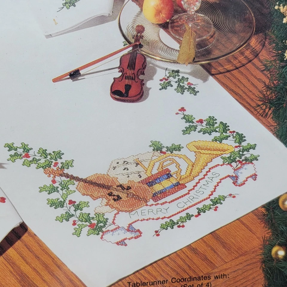 Bucilla Christmas Music Table Runner 82981 Violin Holly Kit Instruments Holiday - Image 2 of 4
