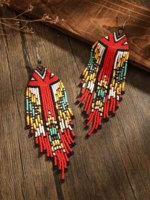 Tribal Earrings Native Large Boho American Seed Beads Handmade Earring