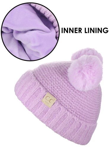 C.C Kids' Cable Knit Soft Single or Double Pom Fuzzy Lined Cuff CC Beanie - Picture 26 of 87