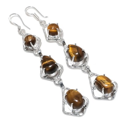 Tiger's Eye Gemstone Handmade 925 Sterling Silver Jewelry Earring Size 3''