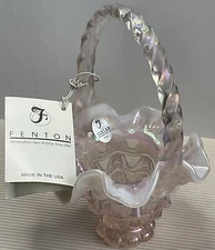 Fentons Champagne Opalescent Satin Basket-Knotts Berry Farm w/Fenton Hanging Tag