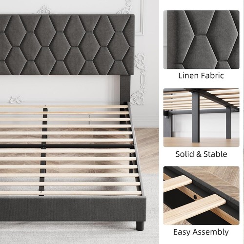Modern Queen Size Bed Frame with Upholstered Headboard and Wooden Slats Support - Picture 6 of 9