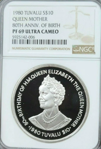 1980 TUVALU SILVER 10 DOLLARS QUEEN MONTHER 80TH ANNIV NGC PF 69 ULTRA CAMEO TOP