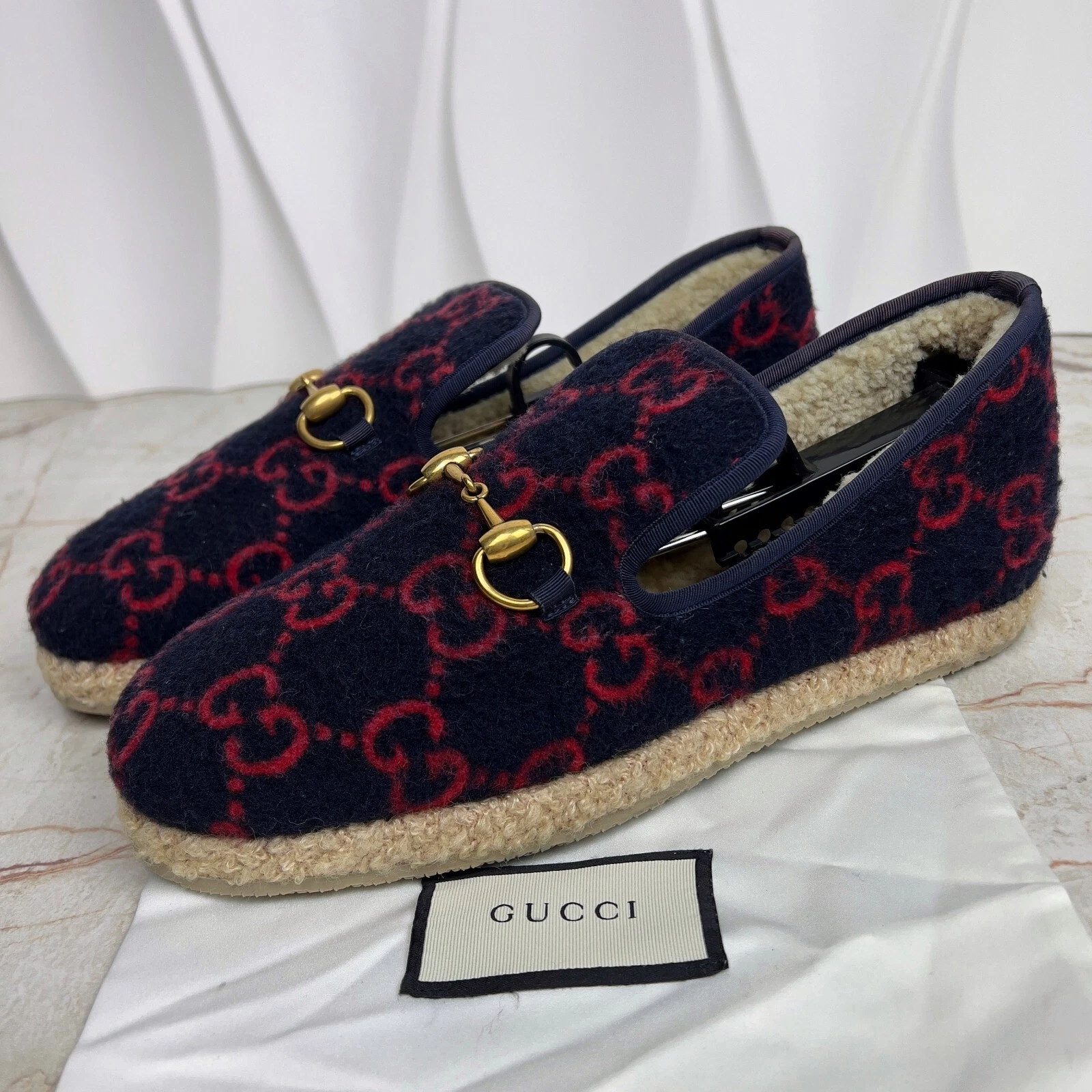 Mocassins espadrilles Gucci GG Fria Horsebit fourrure laine bleue excellent état 10 US ou