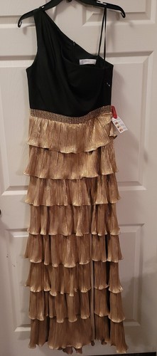 Vestido MAC DUGGAL Talla 4 Un Hombro Capas Metálico Volantes en Dorado $498 - Imagen 4 de 6