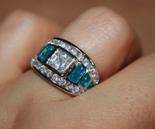 inlaid fire opal zircon ring gemstone silver plate jewelry wedding engagement