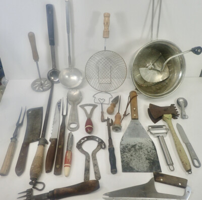 lot antique vintage kitchen hand tools Food Mill Knives Wood Ladles Ice Chipper 