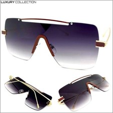 Men's or Women Oversized Retro Shield SUN GLASSES Gold Rimless Frame Flat Lens