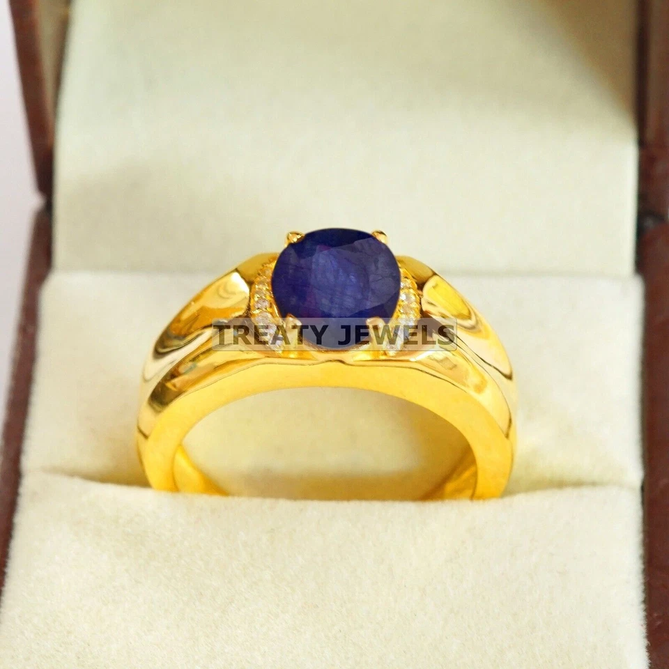 Zafiro azul corte ovalado con anillo chapado en oro de plata de ley 925 para hombre #B585 Foto 3 de 4