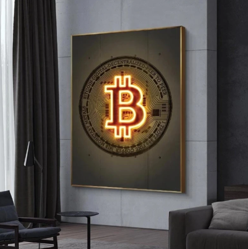 Pintura de lienzo criptográfico Bitcoin Bull Run - póster de oro neón para decoración del hogar - Imagen 1 de 4