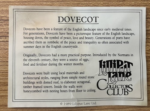 LILLIPUT LANE " THE DOVECOT" YEAR 1989 PRE-OWNED DEED ORIGINAL BOX - Picture 2 of 7