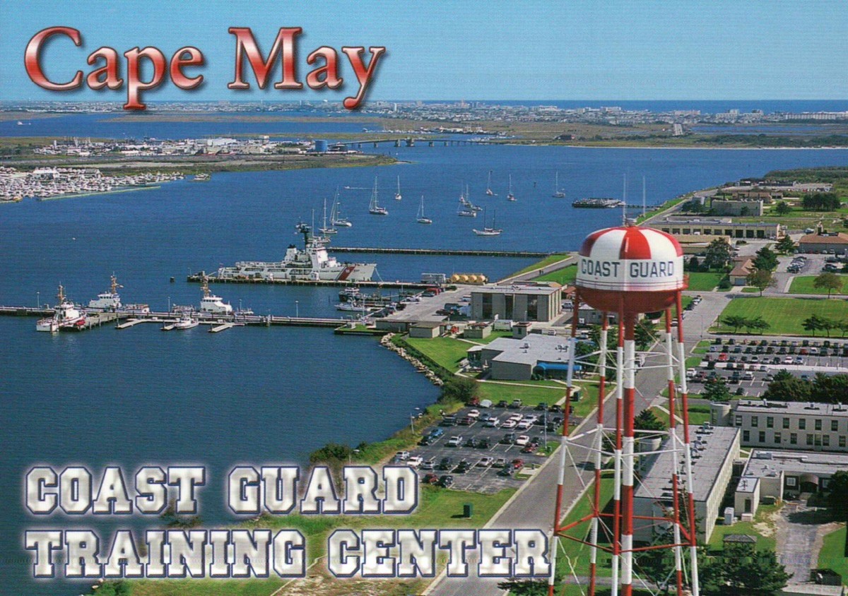 cape may fishing poles in front of coast guard base Coast Guard Training Center Cape May, New Jersey, Ship, Water Tower etc  Postcard
