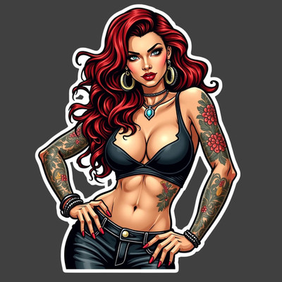 Pinup Girl Sticker Vinyl Decal Red Hair Tattooed Waist Confident Style