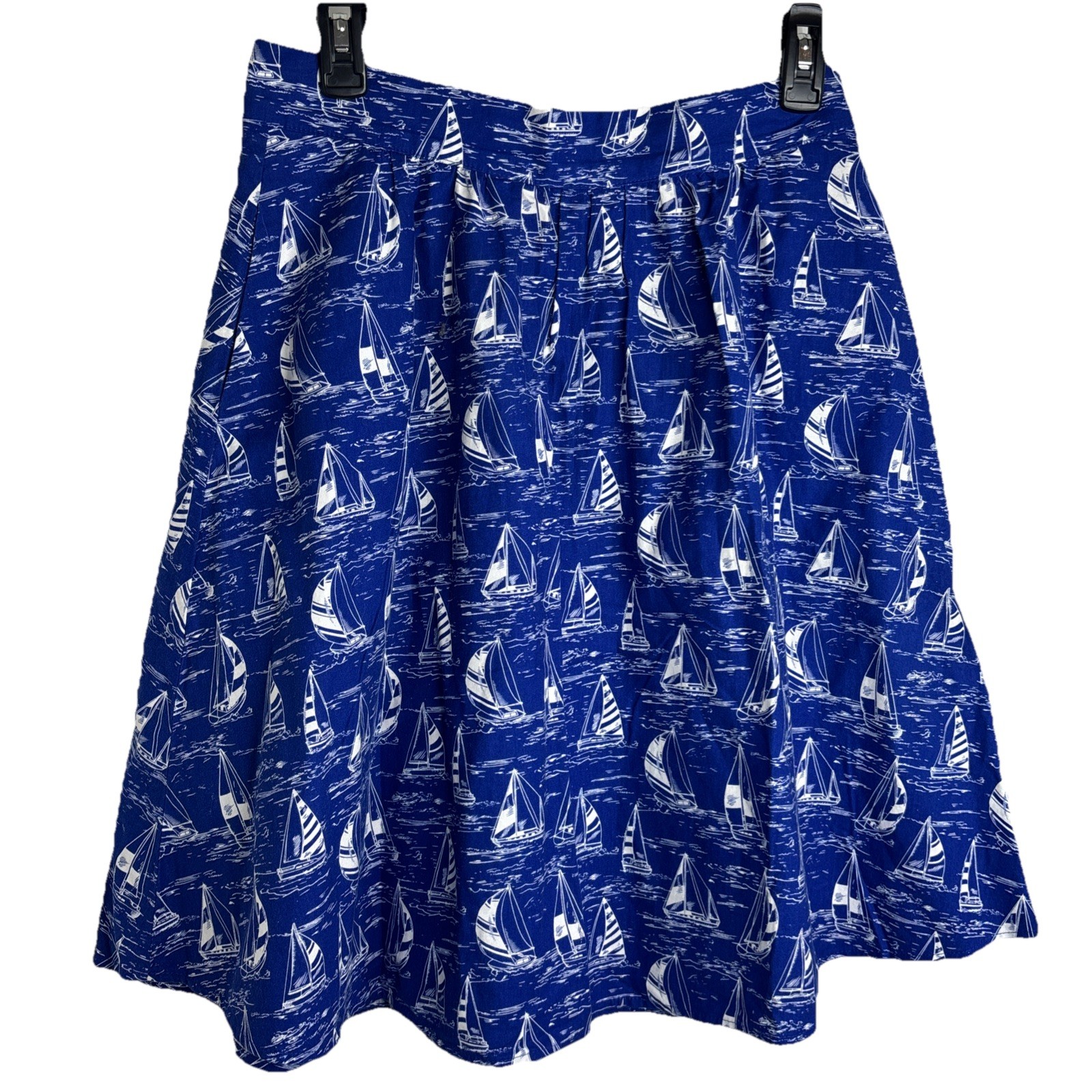 Retrolicious Nautical Sailboat Skirt, Blue/White, Full Skirt, Size M Pockets
