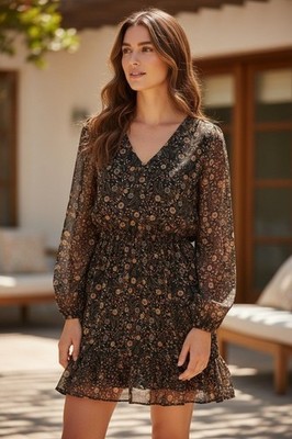 Evereve Olivia Floral Print Chiffon Blouson Mini Dress Long Sleeves Size M