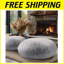 Soft Faux Fur Round Floor Pillow Set, 2-Pack, Light Grey