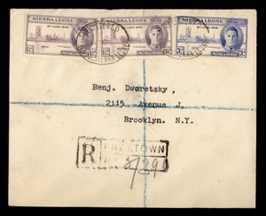 DR WHO 1946 SIERRA LEONE FDC? PEACE VICTORY REGISTERED TO USA R78996
