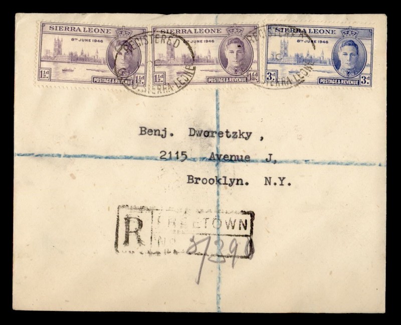 DR WHO 1946 SIERRA LEONE FDC? PEACE VICTORY REGISTERED TO USA R78996
